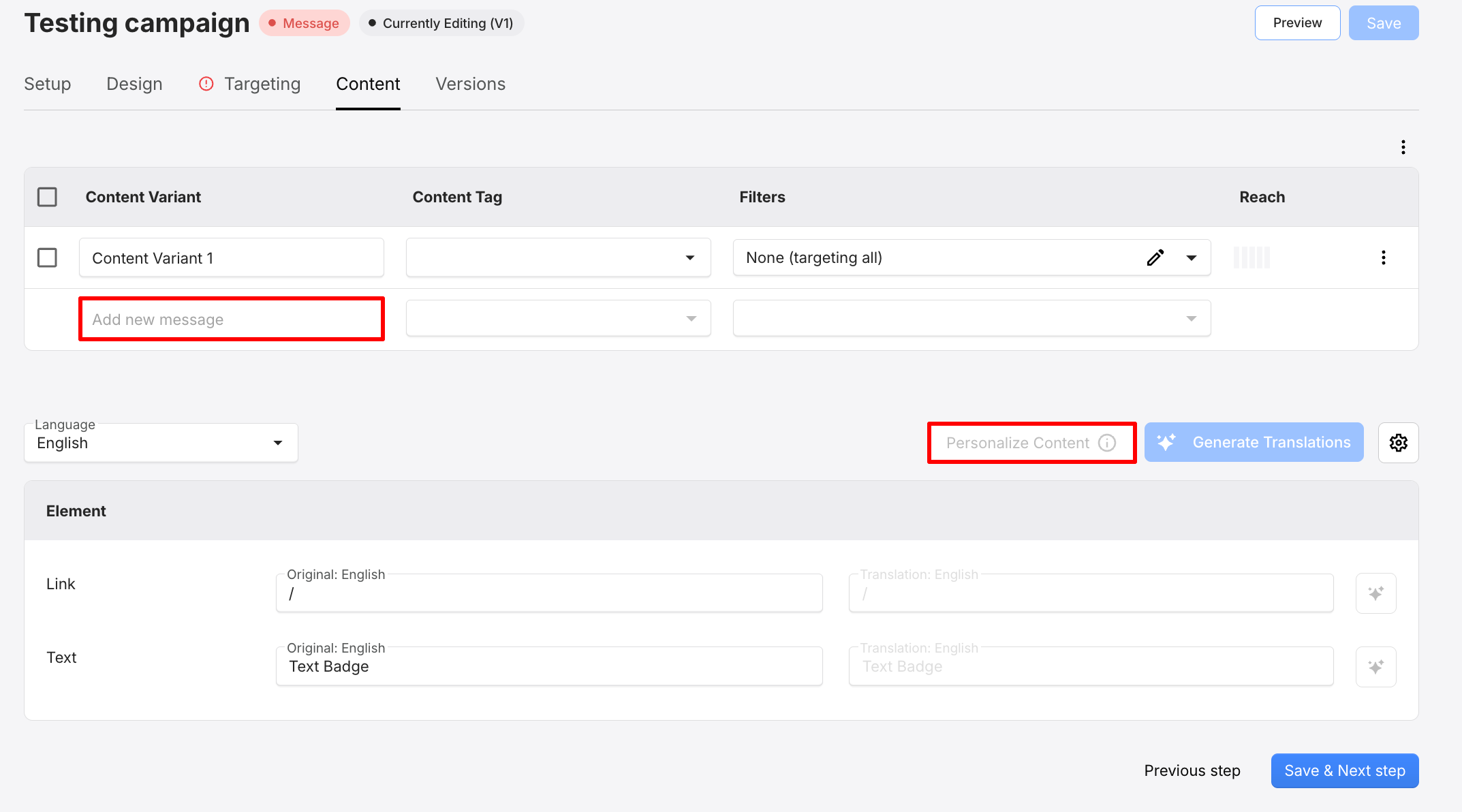 Screenshot from the Crobox app showing content variant creation.