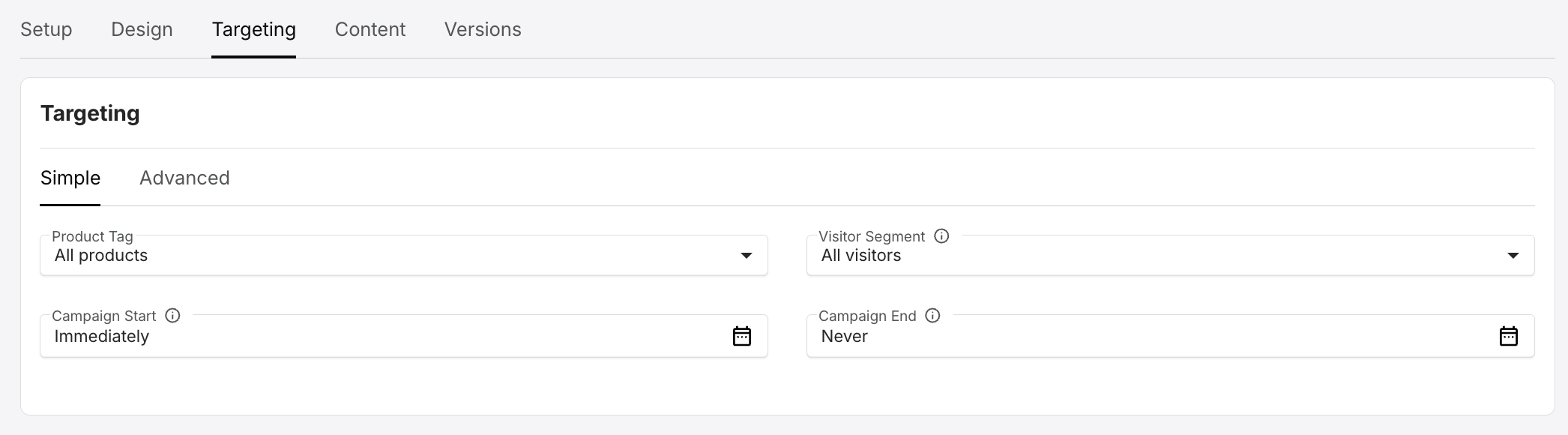 Screenshot from the Crobox app showing Simple targeting settings.