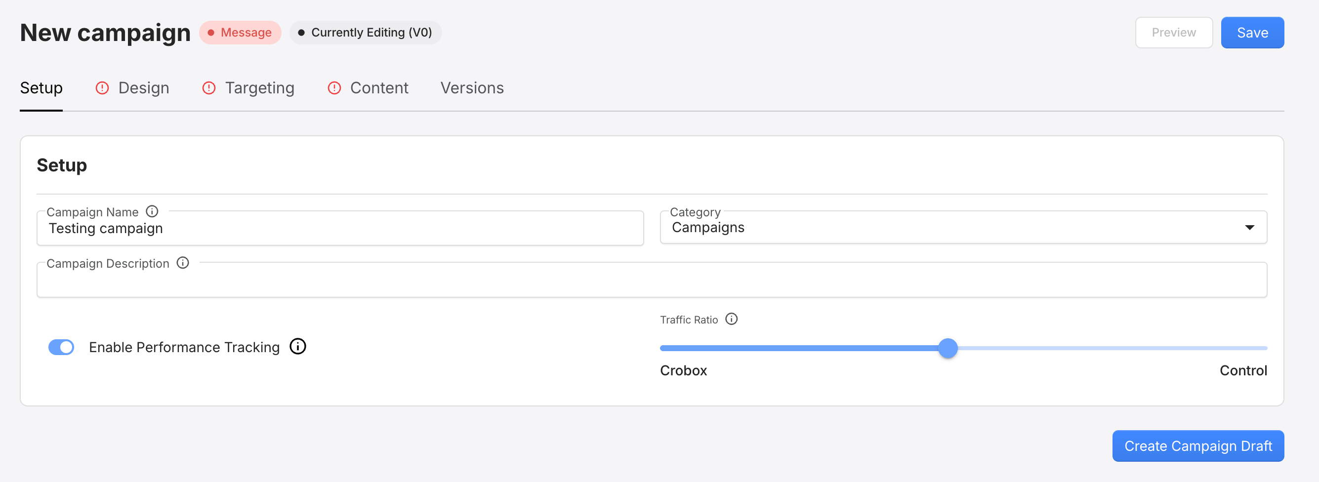 Screenshot from the Crobox app showing the Setup tab settings.