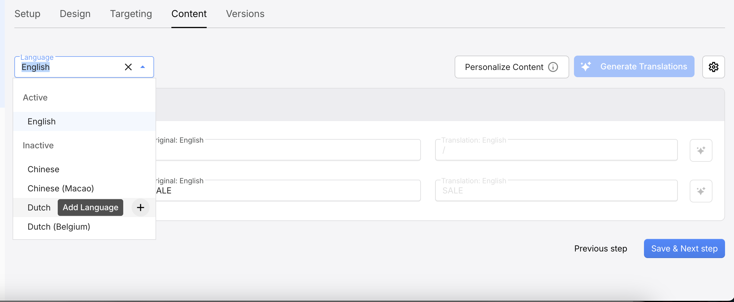 Screenshot from the Crobox app showing how to add a language to translate your content to.