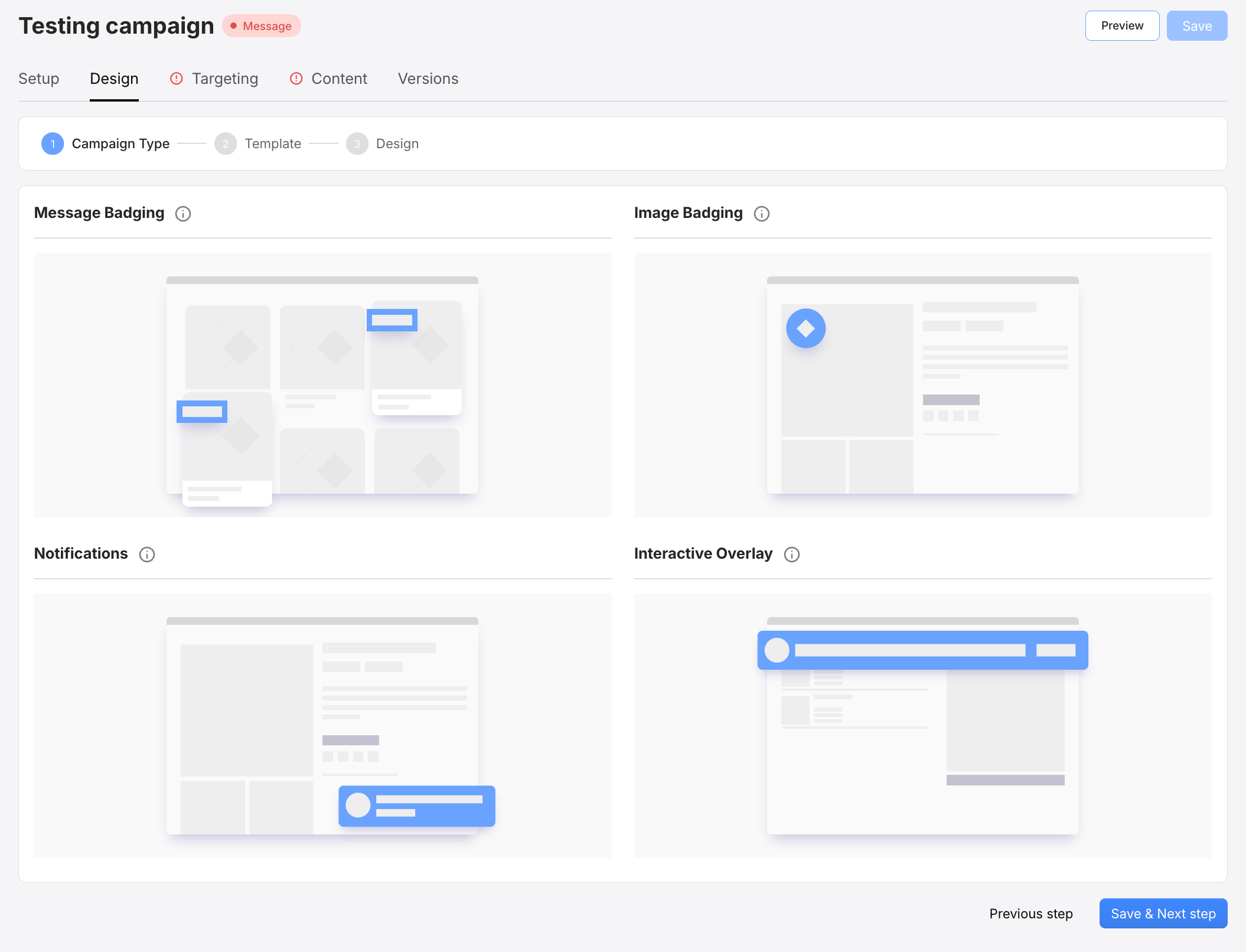 Screenshot from the Crobox app showing the different Campaign Types available.